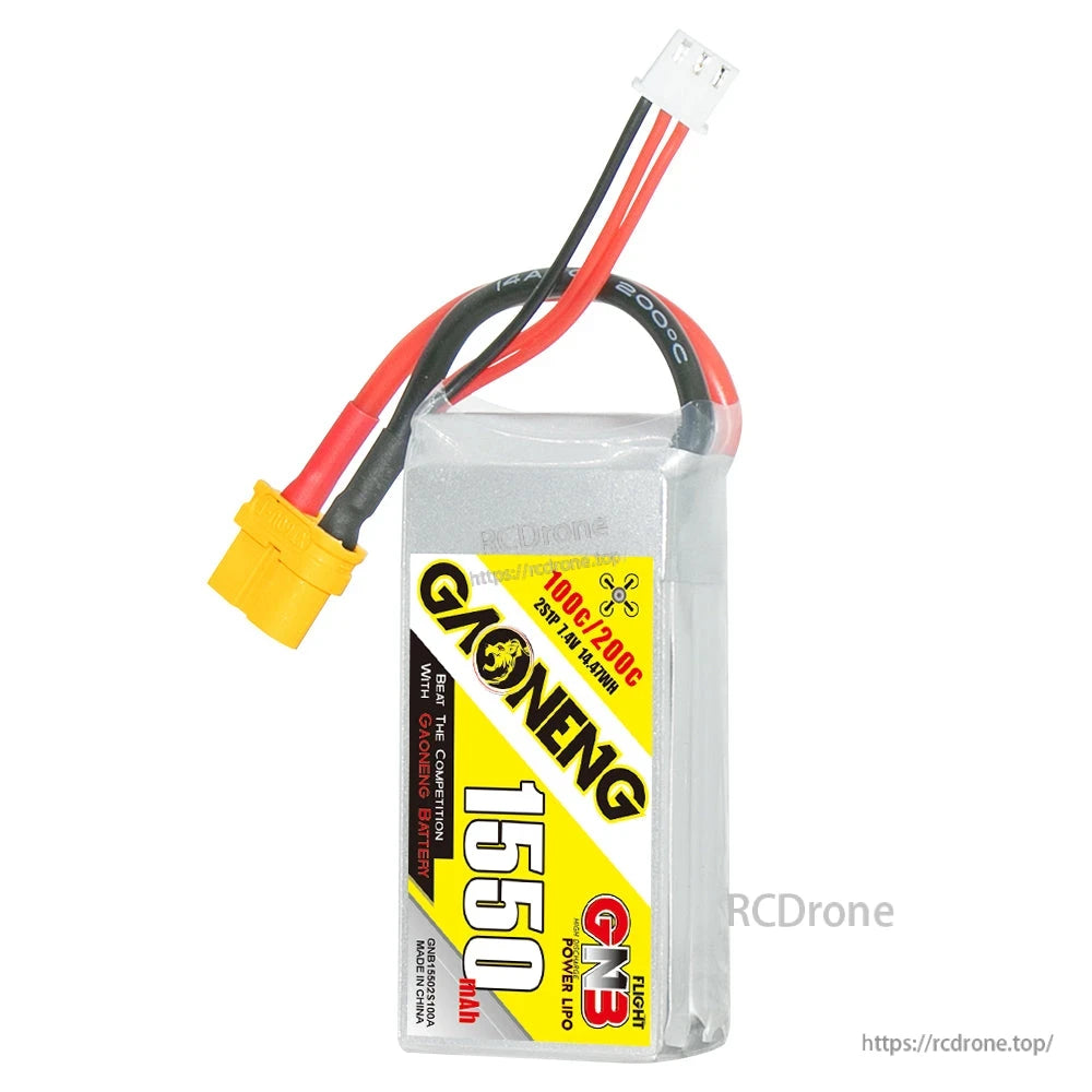 Single GAONENG 1550mAh LiPo battery front label view with XT60 plug and 2S balance connector