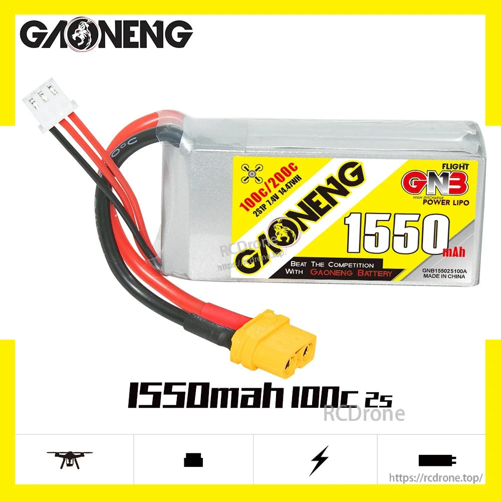 GAONENG GNB15502S100A 1550mAh 100C 2S LiPo battery product graphic with XT60 connector