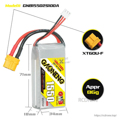 GNB15502S100A battery size and weight diagram with XT60U-F connector callout and dimensions