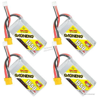 Four GAONENG 1550mAh LiPo batteries arranged diagonally, each showing XT60 connector and balance lead