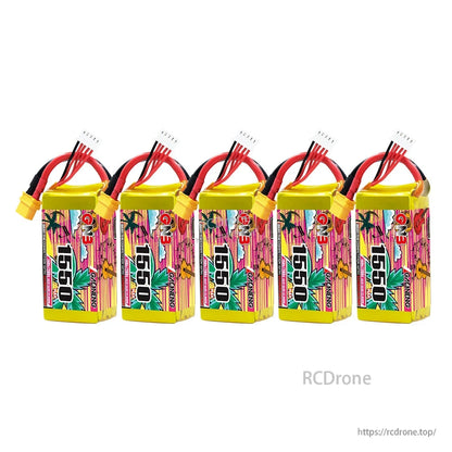 Five GAONENG GNB 1550 battery packs lineup with XT60 connectors and balance plugs visible