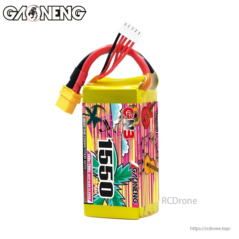 Front label view of GAONENG GNB 1550 battery pack with XT60 lead and 4S balance connector