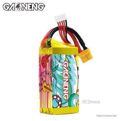 Side view showing GAONENG branding on wrap, wire exit, XT60 connector, and balance lead