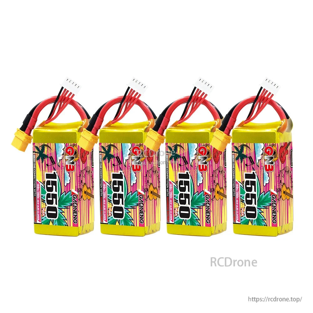 Four GAONENG GNB 1550 battery packs lineup showing matching leads and labels