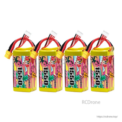 Four GAONENG GNB 1550 battery packs lineup showing matching leads and labels