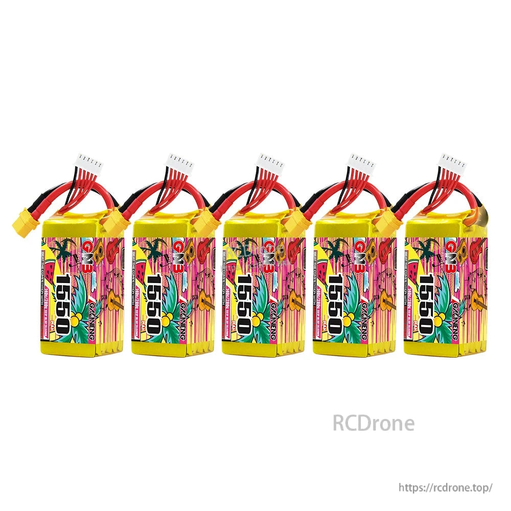 Five GNB 1550 LiPo batteries shown together, multi-pack quantity option