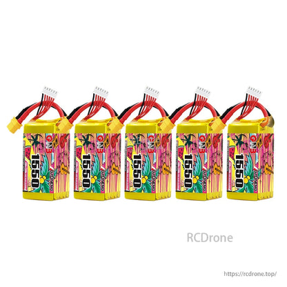 Five GNB 1550 LiPo batteries shown together, multi-pack quantity option
