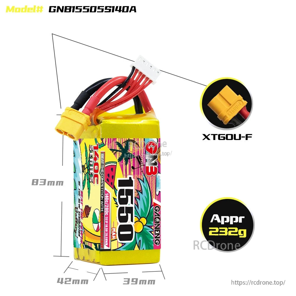 Battery size and weight diagram for GNB15505S140A with XT60U-F connector callout and dimensions