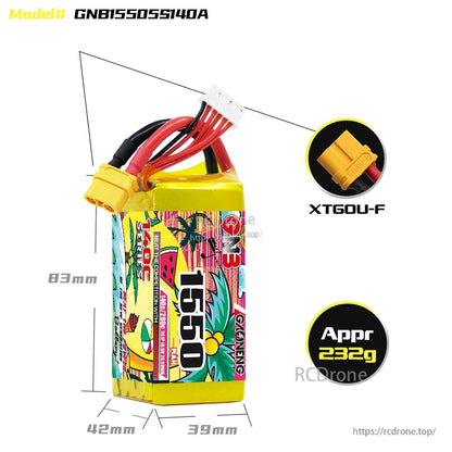 Battery size and weight diagram for GNB15505S140A with XT60U-F connector callout and dimensions