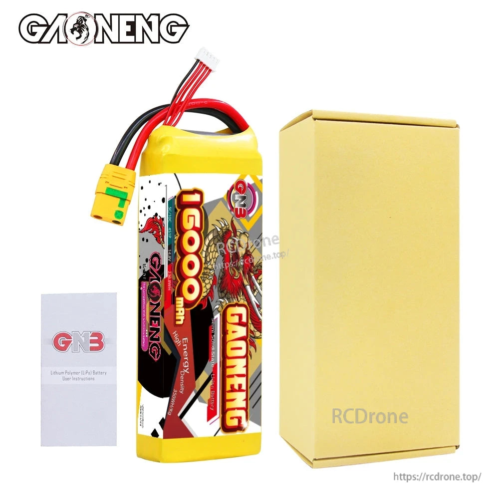 Package contents: GAONENG 16000mAh battery, cardboard box, and GNB instruction leaflet