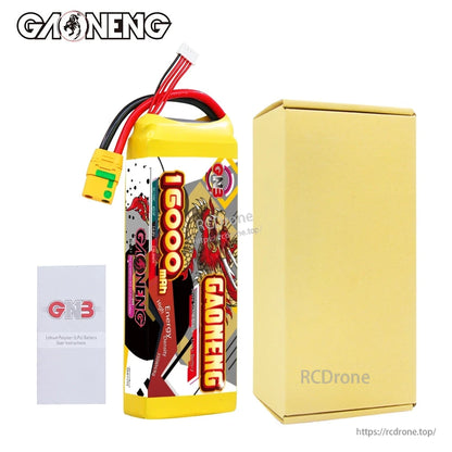 Package contents: GAONENG 16000mAh battery, cardboard box, and GNB instruction leaflet