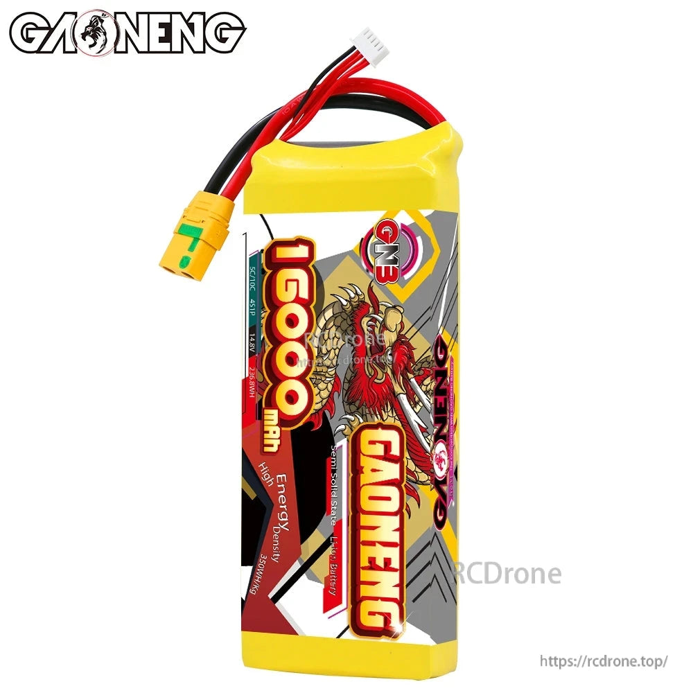 Front view of GAONENG 16000mAh battery pack standing upright with XT90S connector and balance plug