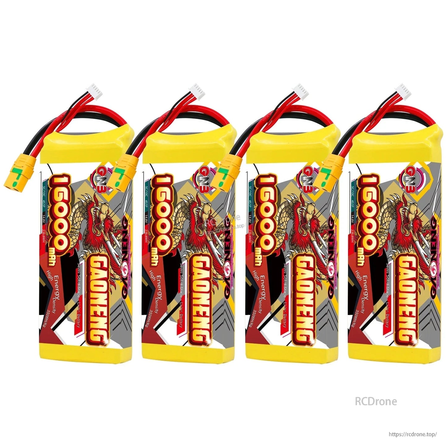 Four GAONENG 16000mAh battery packs standing upright in a row with XT90S connectors
