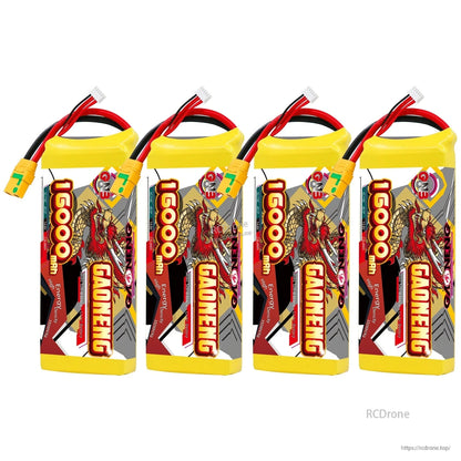 Four GAONENG 16000mAh battery packs standing upright in a row with XT90S connectors