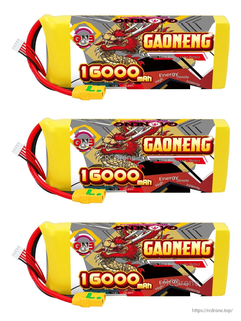 Three GAONENG 16000mAh battery packs shown horizontally with leads and XT90S connectors aligned