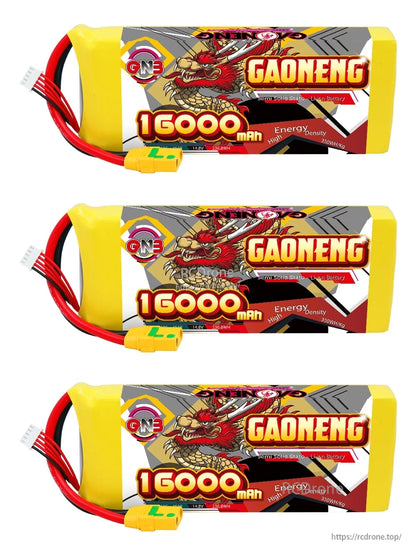Three GAONENG 16000mAh battery packs shown horizontally with leads and XT90S connectors aligned
