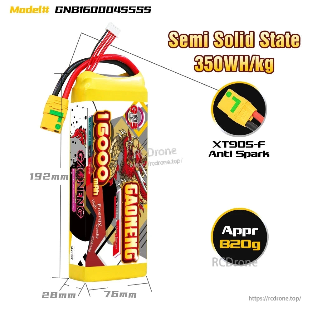 Battery size and feature diagram: 192mm length, 28x76mm, XT90S-F anti-spark, approx 820g