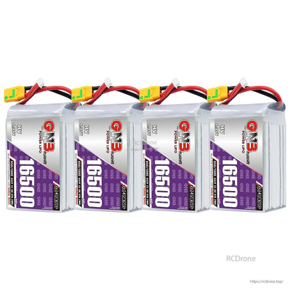 Four-pack display of GAONENG GNB 16500 HV LiPo batteries with XT90S connectors