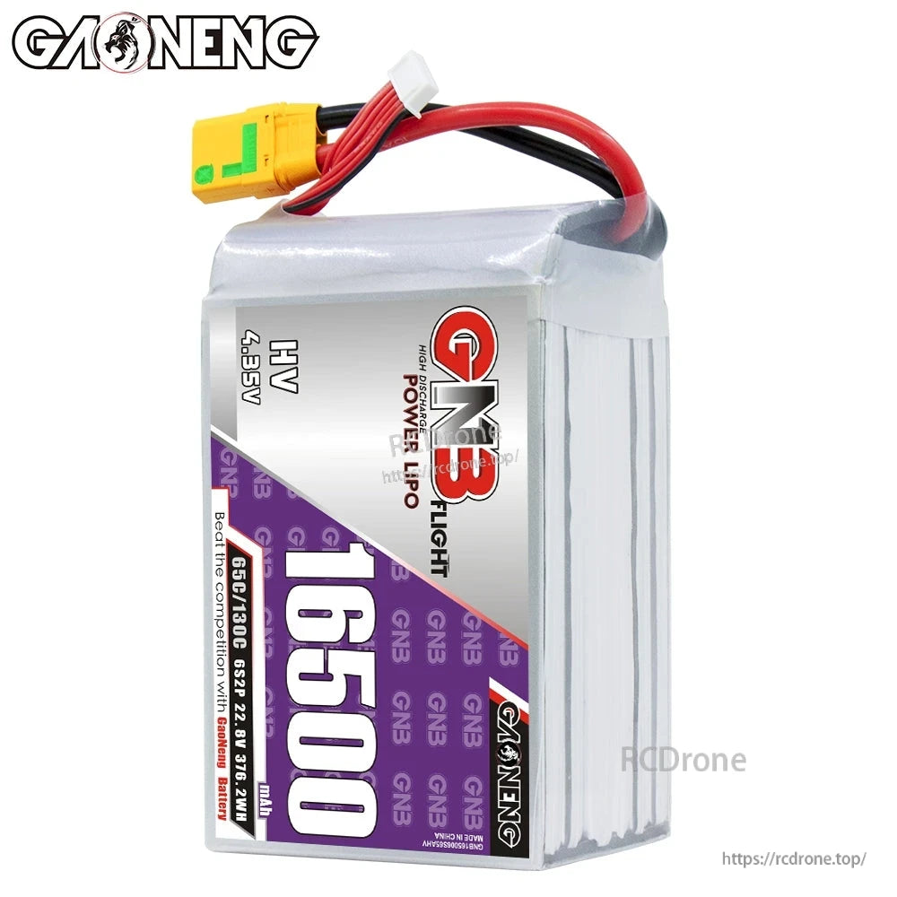 GAONENG GNB 16500 HV 4.35V LiPo battery standing upright with XT90S power lead