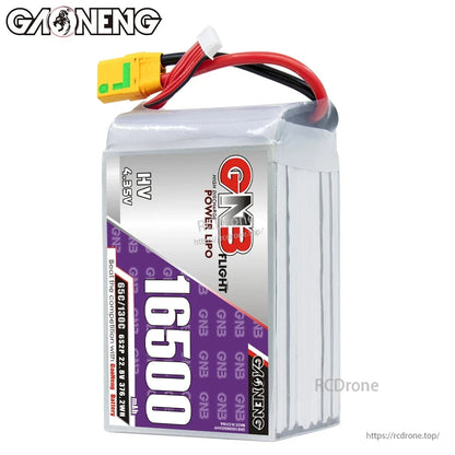 GAONENG GNB 16500 HV 4.35V LiPo battery standing upright with XT90S power lead