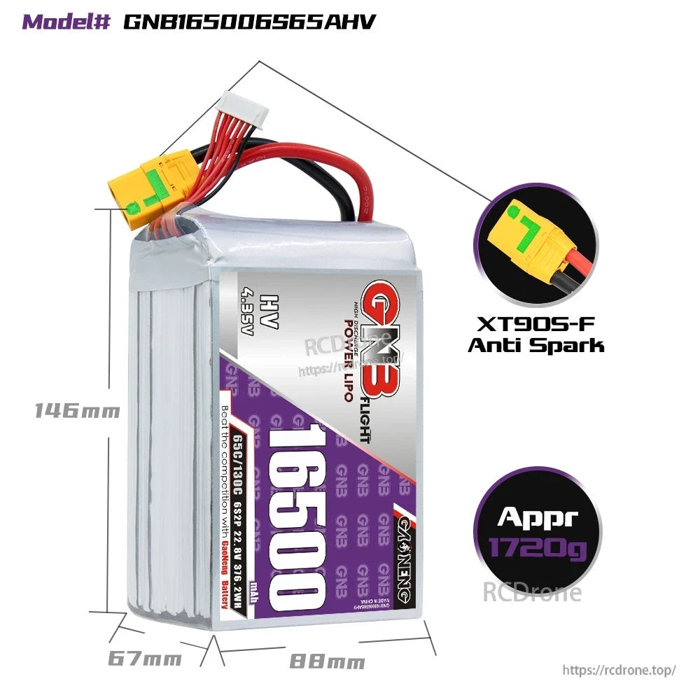GNB165006S65AHV battery dimensions diagram with XT90S-F anti-spark connector and 1720g note