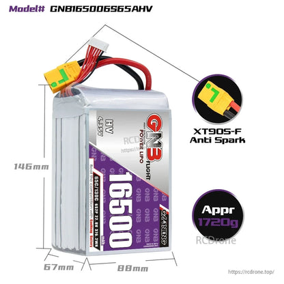 GNB165006S65AHV battery dimensions diagram with XT90S-F anti-spark connector and 1720g note
