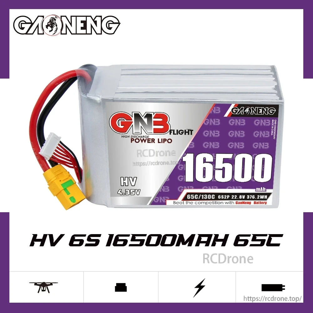 GNB HV 6S 16500mAh 65C LiPo battery front label showing 22.8V and 376.2Wh rating
