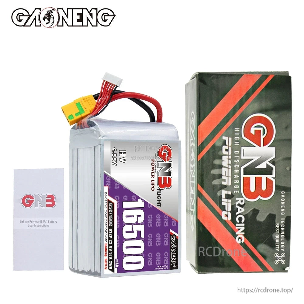 Package contents: GAONENG GNB 16500 battery, GNB Racing box, and instruction leaflet