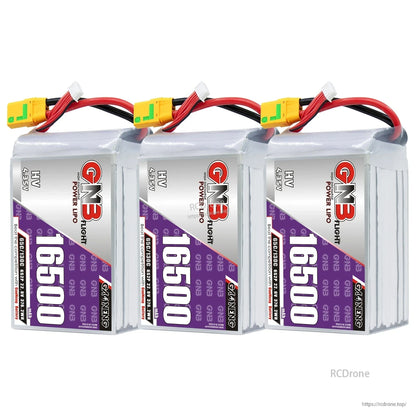 Three-pack display of GAONENG GNB 16500 HV LiPo batteries with XT90S connectors
