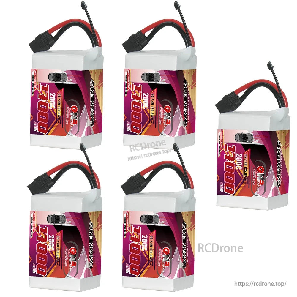 Five GAONENG GNB 17000 2S LiPo batteries shown grouped, mixed upright positions