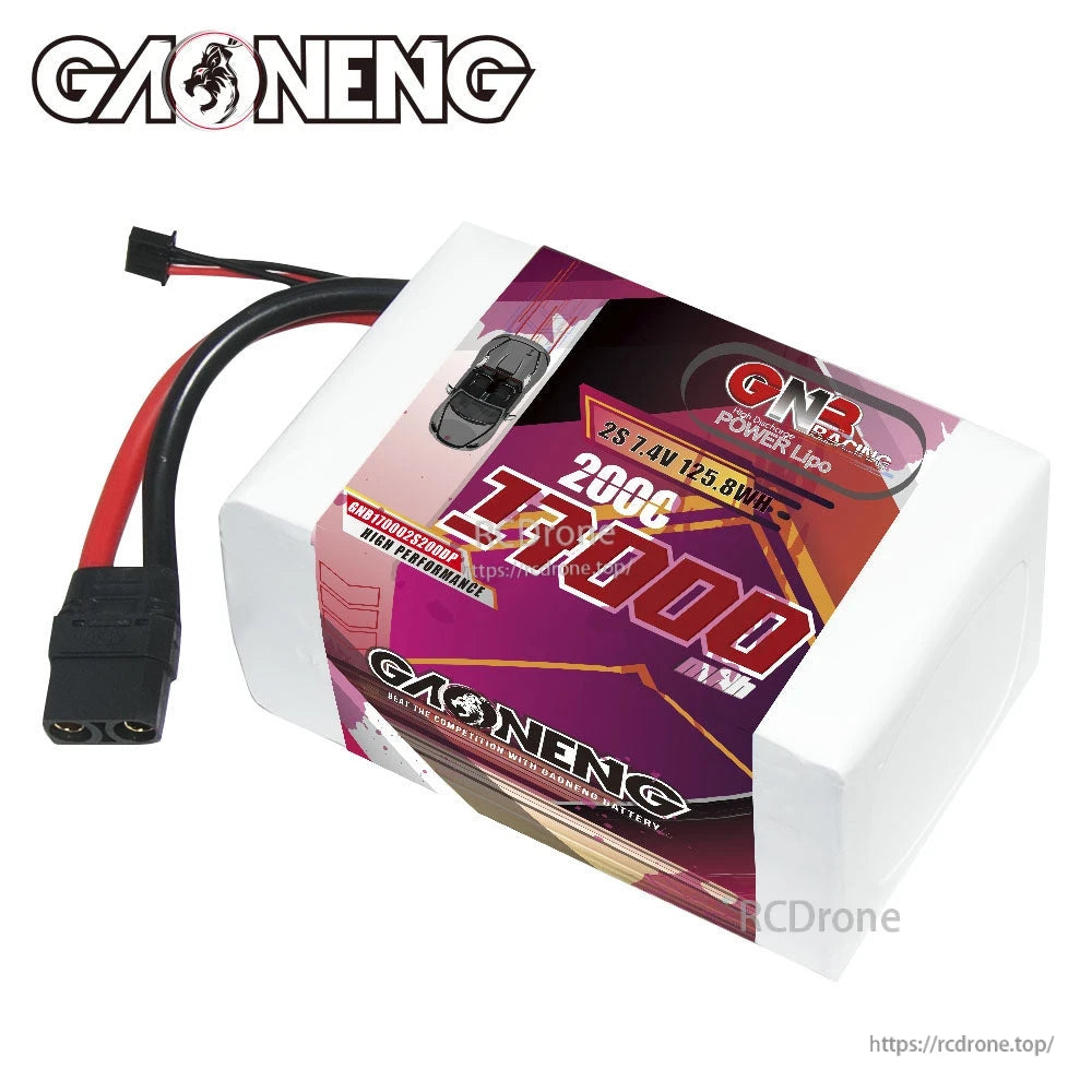 Angled top view of GAONENG GNB battery showing XT90 connector and balance lead routing