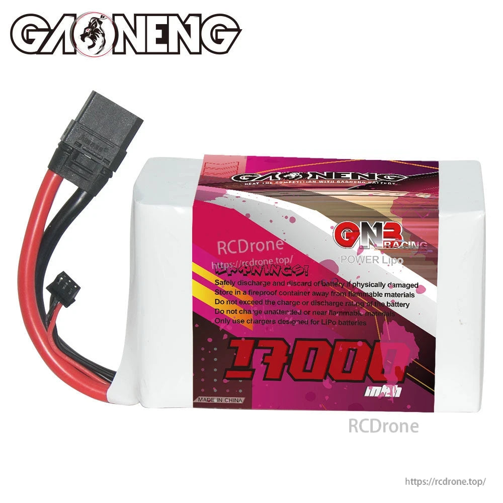Rear label view with safety and charging warnings on GAONENG GNB 17000 pack, cables on left