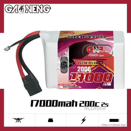GAONENG GNB170002S200DP 17000mAh 200C 2S LiPo battery product graphic with icons