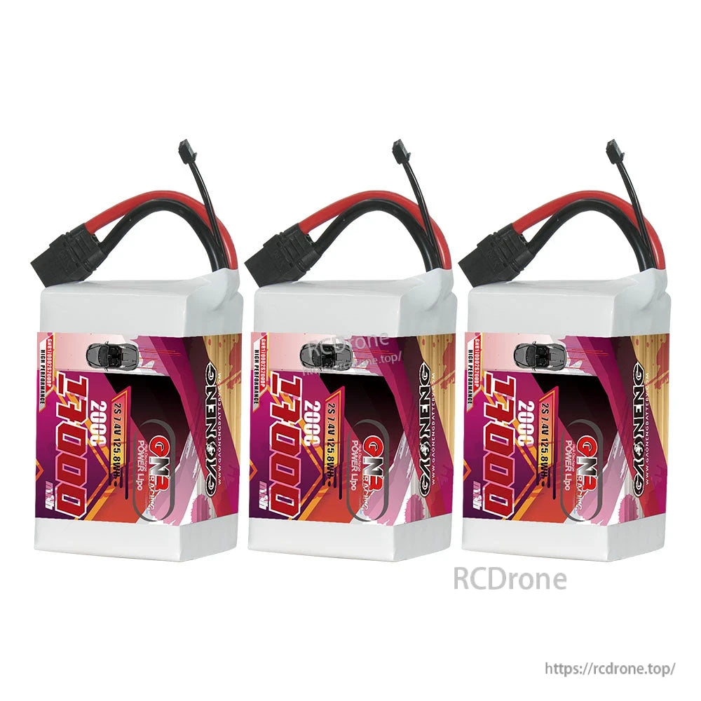 Three GAONENG GNB 17000 2S LiPo batteries shown side by side with leads on top