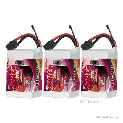 Three GAONENG GNB 17000 2S LiPo batteries shown side by side with leads on top