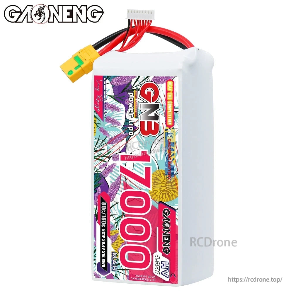Front label view of GAONENG GNB 17000mAh battery with leads and XT90S connector at top