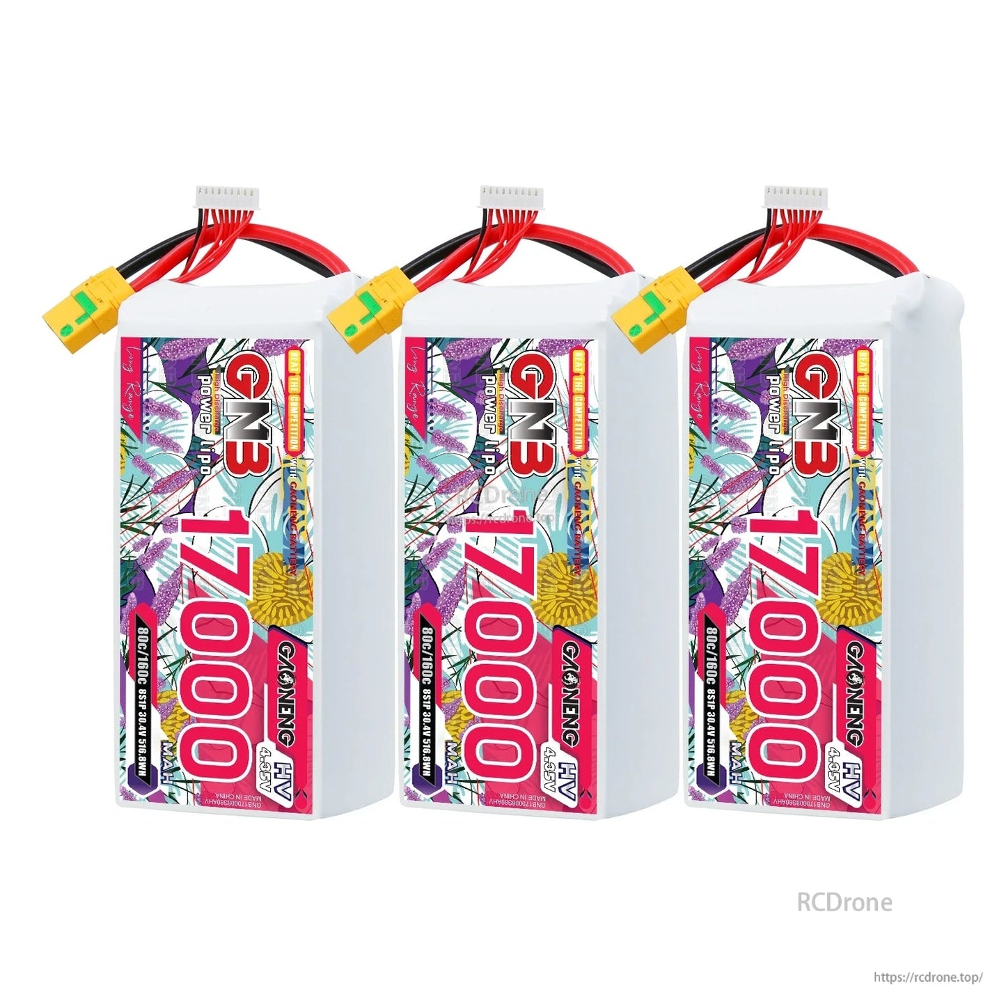 Three GAONENG GN3 17000 batteries lined up, showing labeled faces and XT90S connectors