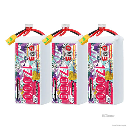 Three GAONENG GN3 17000 batteries lined up, showing labeled faces and XT90S connectors