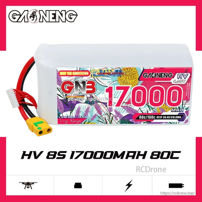 GAONENG GNB170008S80AHV 8S HV 17000mAh 80C LiPo battery product graphic, side label view