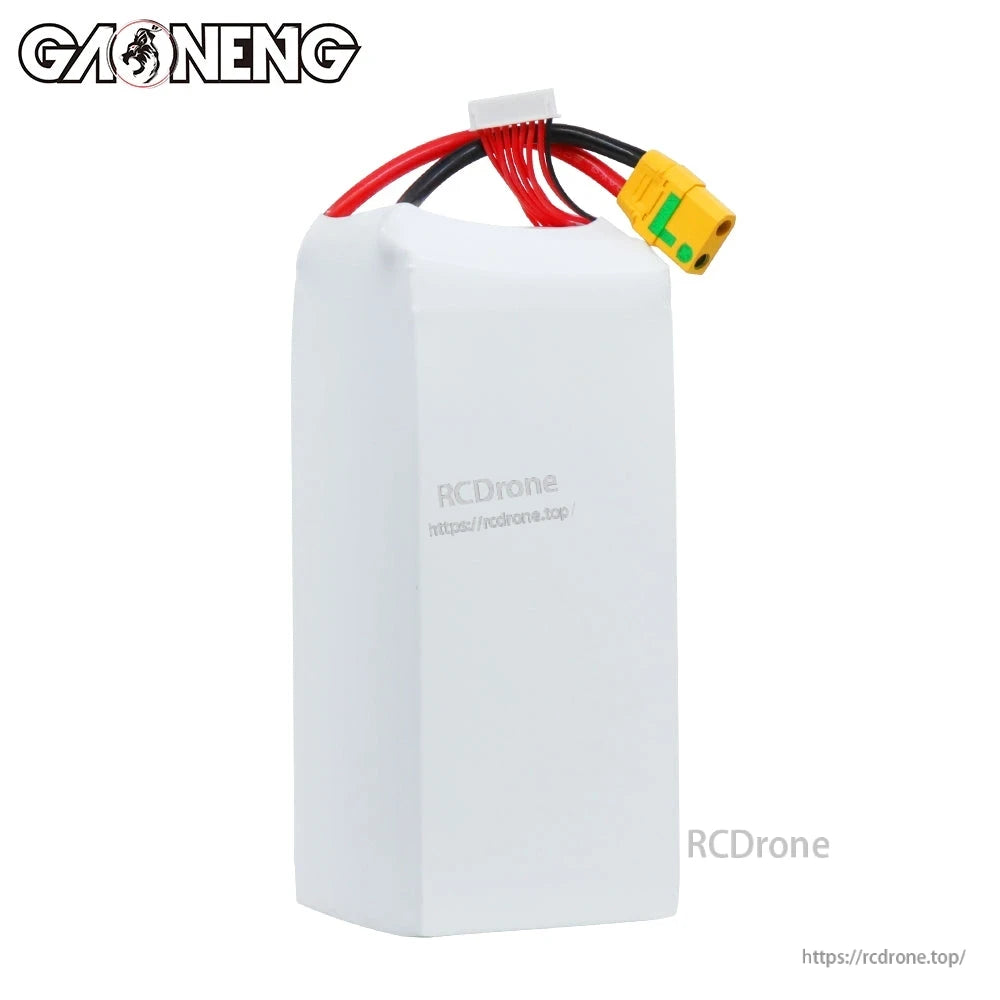 Rear/blank side of white shrink-wrapped battery pack with balance lead and XT90S connector