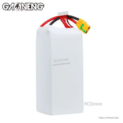 Rear/blank side of white shrink-wrapped battery pack with balance lead and XT90S connector