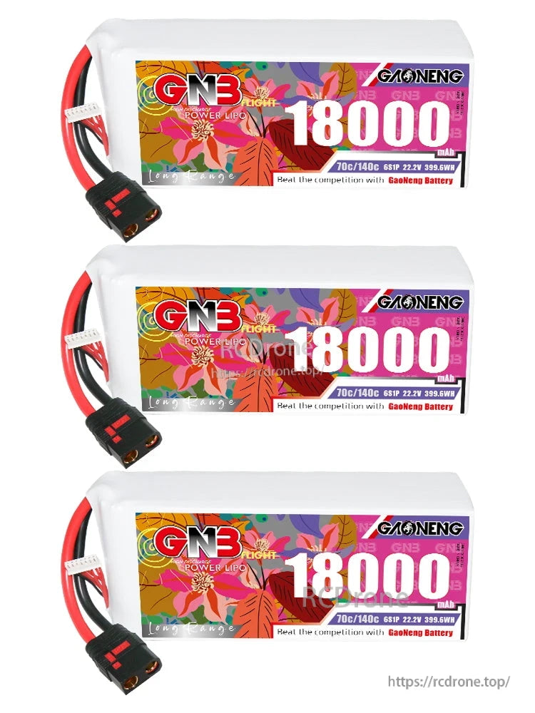 Three GAONENG 18000mAh LiPo battery packs with QS8 connectors, stacked display