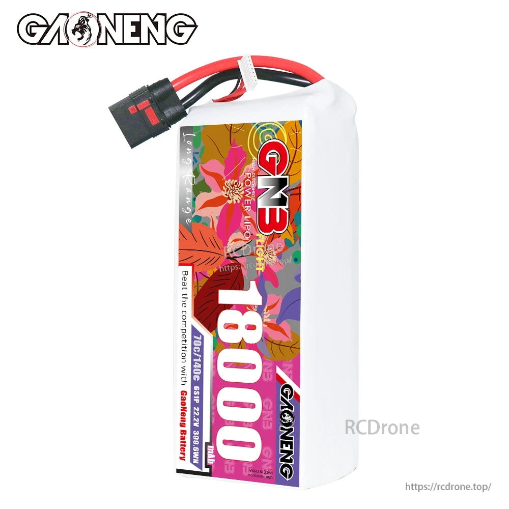 GAONENG 18000mAh LiPo battery standing upright, side label view with QS8 cable