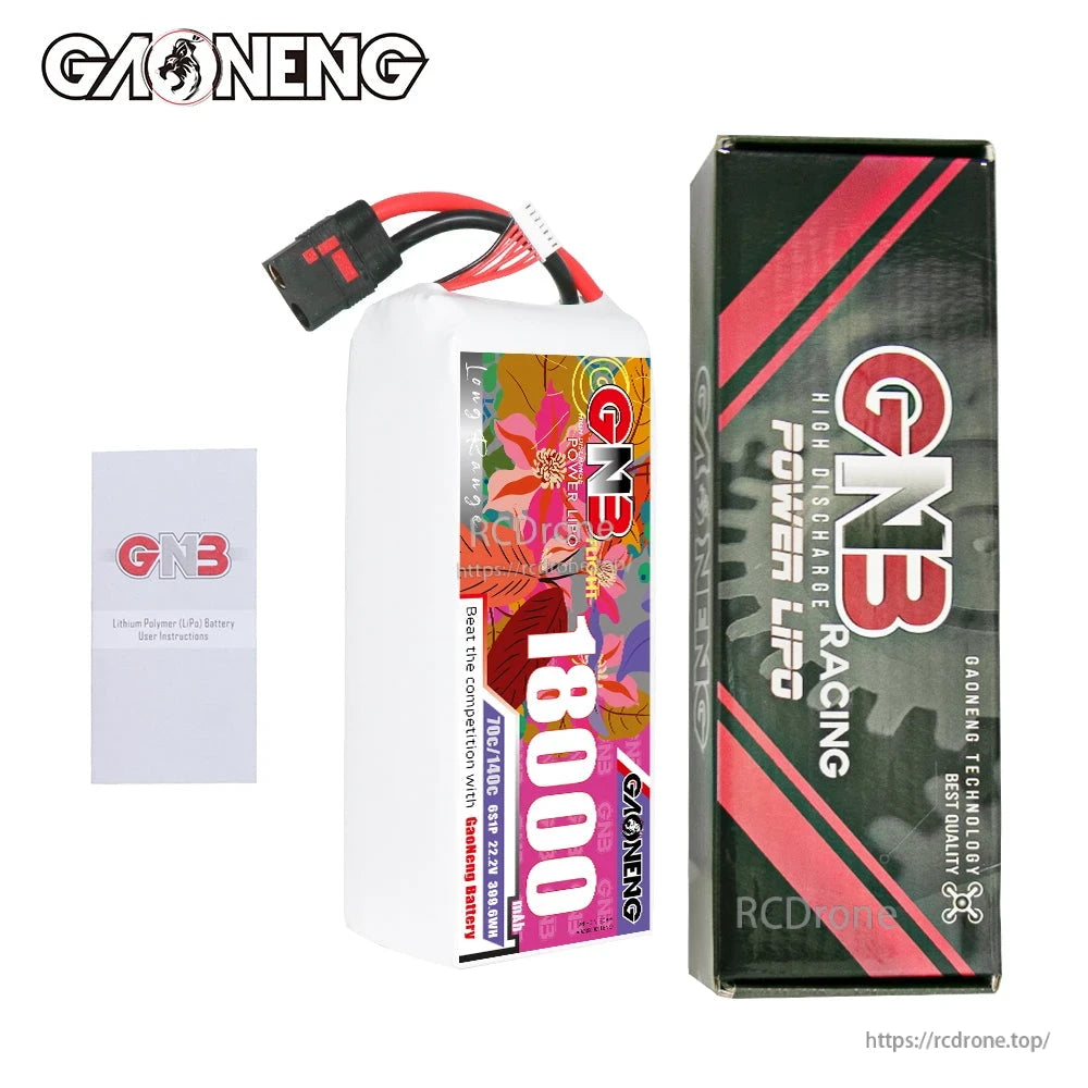 Package contents: GAONENG GNB 18000mAh LiPo battery, retail box, and instruction leaflet