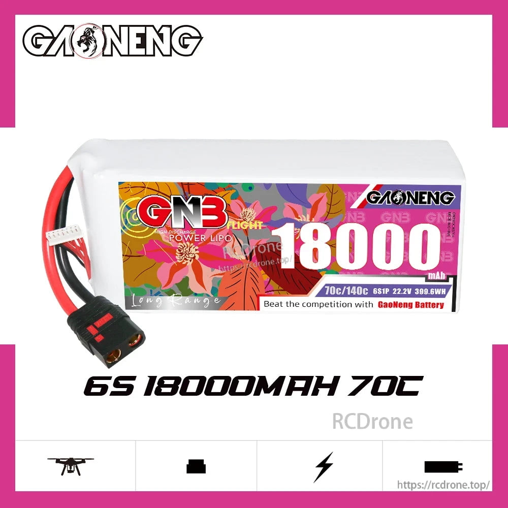 GAONENG 6S 18000mAh 70C RC LiPo battery with QS8 lead on white background graphic