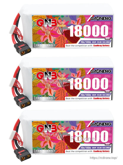 Three GAONENG GNB 18000mAh LiPo battery packs in a row, top label views with QS8 plugs
