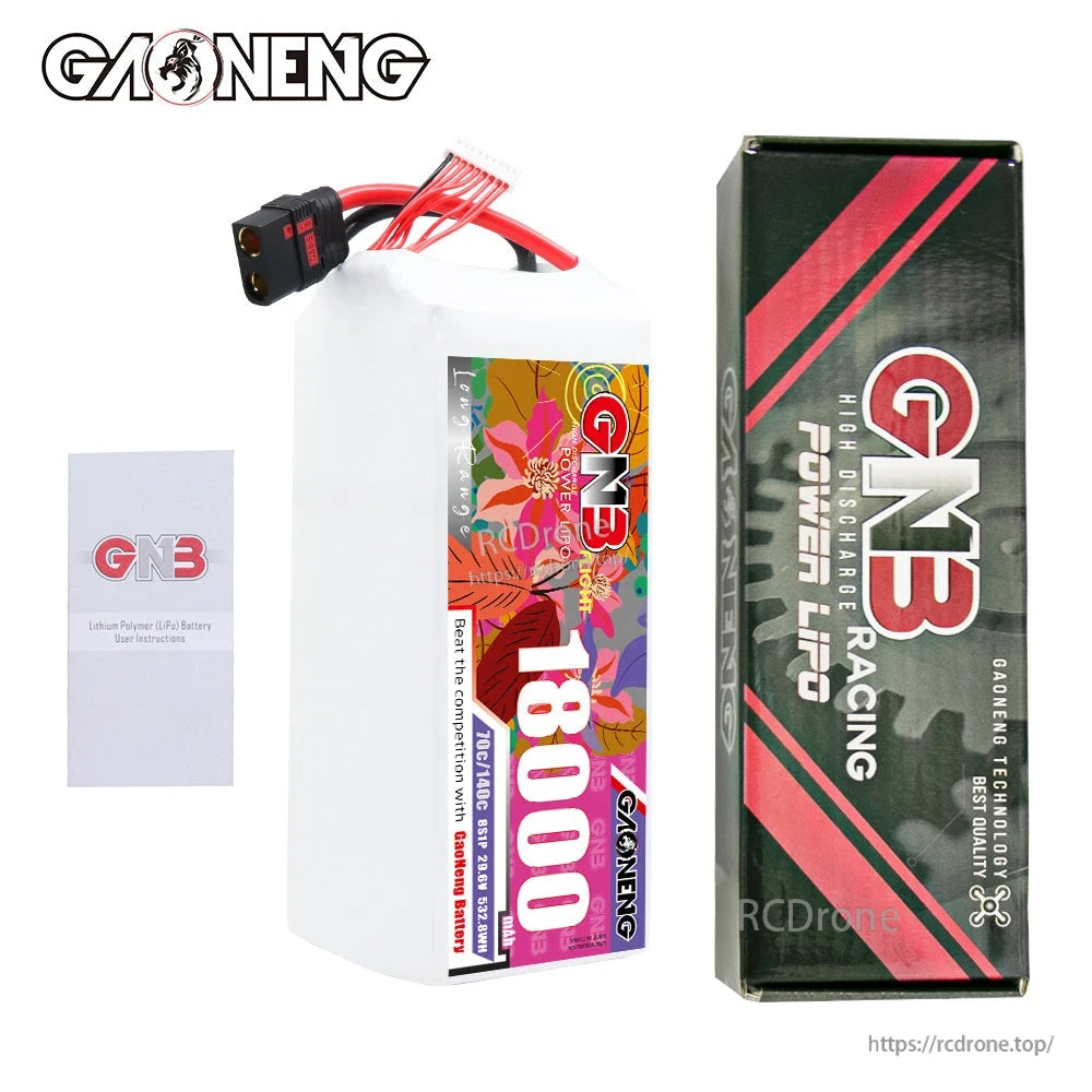 Package contents: GAONENG GNB 18000mAh battery, retail box, and instruction leaflet