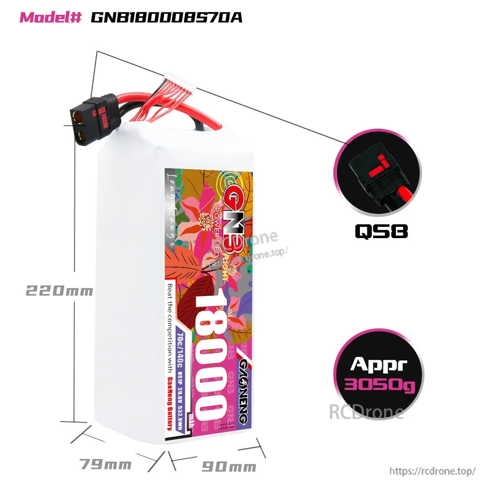 GNB180008S70A battery dimensions diagram with QS8 connector and approx weight callout