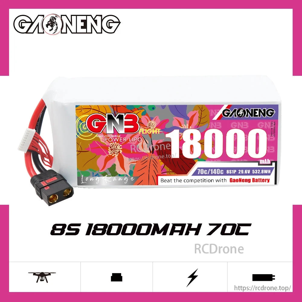 GAONENG GNB180008S70A 8S 18000mAh 70C LiPo battery pack with QS8 connector on white background