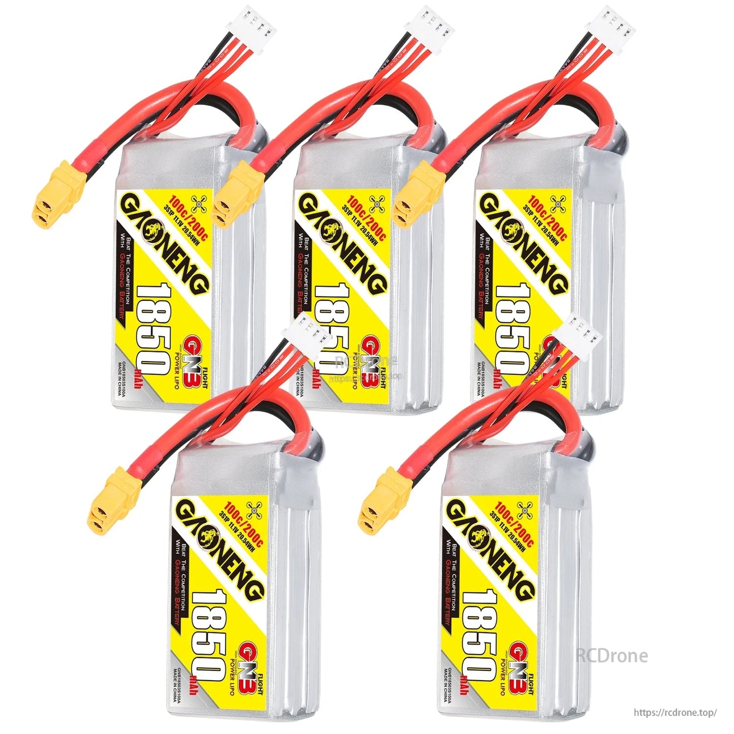 Five GAONENG 1850mAh 3S LiPo batteries group photo with XT60 connectors and balance leads visible